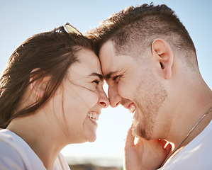 Image showing Happy, couple and forehead faces, love for relationship travel in joyful happiness together with smile in the outdoors. Man and woman smiling for real loving, caring and bonding or touching moment