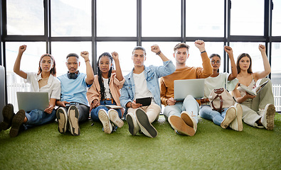 Image showing Young people, diversity and with fist in air for protest, solidarity and being serious or sign of stand together. Iran woman, students and with digital devices for online climate justice and movement