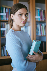 Image showing Education, books or university student in college library, classroom or school campus and scholarship goals. Portrait, girl or learning woman and textbook, graduate mindset or notebook study research