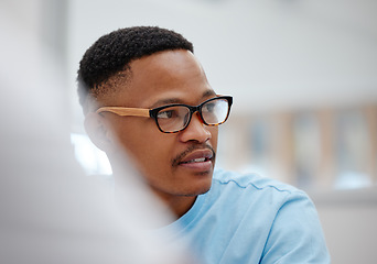 Image showing Education, university or thinking black man in classroom, learning library or school campus in South Africa. Student in college study with ideas, innovation or scholarship goals for degree or diploma