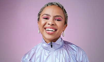 Image showing Happy black woman, neon fashion and portrait of creative, cyberpunk and retro, bold and colorful makeup, clothes and cosmetics on studio background. Unique, vaporwave and smile gen z model influencer