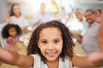 Image showing Girl, selfie and family in living room for breakfast, dinner or lunch happy together. Black family, home and dining room for food, meal and happiness in morning photo, bonding and sunshine in Chicago