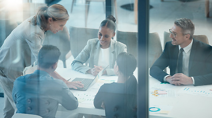 Image showing Planning, strategy and business people in meeting with finance report, digital marketing analytics and manager ppt presentation on laptop. Teamwork, collaboration and women in company budget analysis