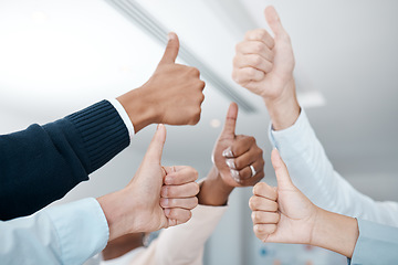 Image showing Hands, thumbs up and business people hand agreement closeup in support of trust, thank you and a job well done. Success, teamwork and trust with corporate team of colleagues showing yes in office