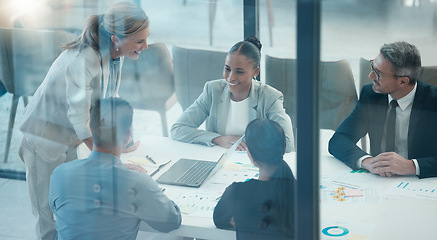 Image showing Leader, meeting and presentation with business people behind glass in a finance, data and growth discussion. Teamwork, collaboration and planning with executive team sharing goal, vision and idea