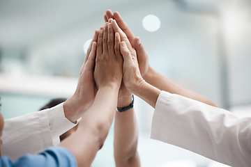 Image showing High five, teamwork and doctors hands in collaboration for mission, goal or team building together. Mindset, target or medical group with trust, motivation or support for vision, winning or success.