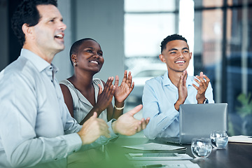 Image showing Clapping, office workshop and teamwork training in presentation, business conference or tradeshow. Happy smile, company diversity and success boardroom people with digital marketing sales celebration