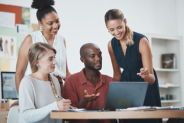 Image showing Diversity, business people and team on laptop in collaboration for strategy, ideas and planning at the office. Group of creative designers working on computer in teamwork for success at the workplace