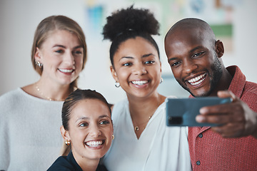 Image showing Diversity, friends and phone selfie with a smile together in a hole with friendship love. Happy, mobile and people using technology in a house showing friendship unity, group happiness and solidarity