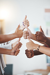 Image showing Thumbs up, hand or gesture for success, support or trust. Diverse group or team of business men or women show hands as thank you or approval to idea plan, strategy or yes for goal, target and winner