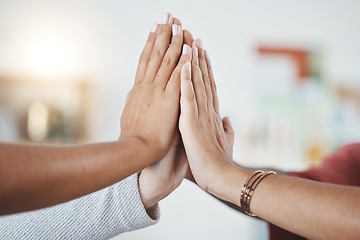 Image showing Team hands, success and group high five for support, motivation and winner teamwork. Corporate team building, diversity and hand gesture together to celebrate successful creative startup business.