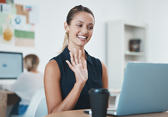Image showing Laptop, video call and business woman in the office with smile and waving hand. Businesswoman using computer webcam for online business meeting in the workplace to talk to international colleagues