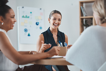 Image showing Business women, client and partnership meeting with a client about success, strategy and teamwork. Working, collaboration and happy corporate employees talking about planning a team deal together