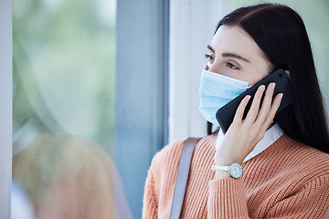 Image showing Covid, face mask and smartphone with woman on a phone call for healthcare, compliance and corona virus information in her home for safety. Sad business woman talking on cellphone for insurance policy