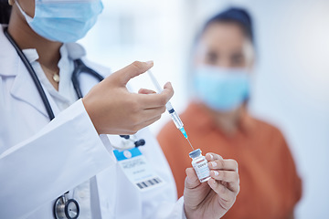 Image showing Vaccine, covid and hospital doctor worker with a patient ready for medicine injection help. Medical clinic healthcare woman consultant in a consultation helping with dengue or corona prevention