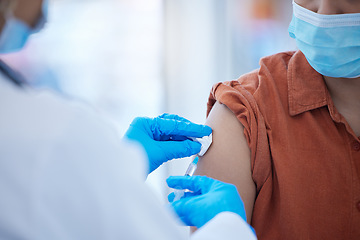 Image showing Doctor hands, vaccine or covid injection in arm for global virus security, safety or wellness insurance. Zoom, woman or healthcare medical employee or covid 19 compliance hospital worker and medicine