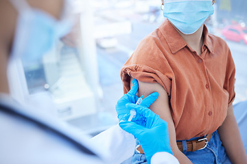 Image showing Healthcare, innovation and covid vaccine with doctor and patient in a hospital, compliance and safety. Medicine, science and corona treatment with nurse and woman in a clinic for arm injection