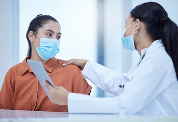 Image showing Covid, face mask and doctor on tablet consulting patient for corona virus vaccine or treatment. Health, safety and medical woman talking, help or support for covid 19 checkup in hospital on tech.