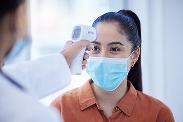 Image showing Doctor, patient and covid thermometer check on woman for office, business or building entry. Corona testing protocol, screening requirements and mask on face for illness prevention or protection