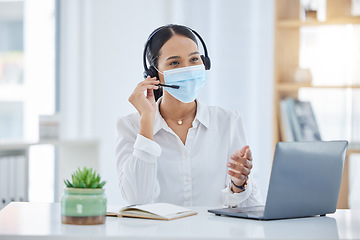 Image showing Covid, communication and call center woman with telemarketing headset testing mic connection. Professional customer service office consultant working with coronavirus face mask protection.