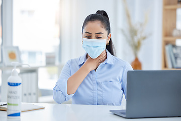 Image showing Covid, sick and face mask woman at work in company office or workplace. Business worker with health, safety or female flu, sick or global healthcare corona virus infection and throat pain at table