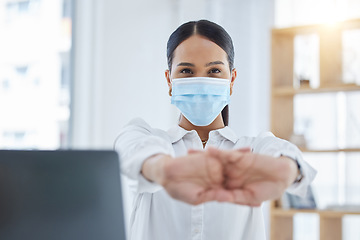 Image showing Stretching, woman and doctor with covid face mask compliance in hospital, wellness and healthcare medical center. Portrait, medicine worker and insurance employee ready for consulting covid 19 people