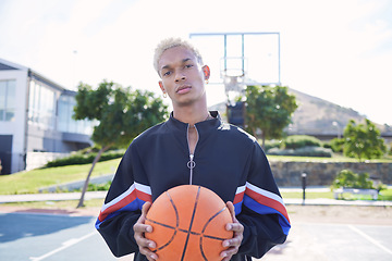 Image showing Sports, basketball court and a portrait of man with ball outside at park. Exercise, motivation and workout for fitness, wellness and health. Street game, outdoor basketball training and serious face.