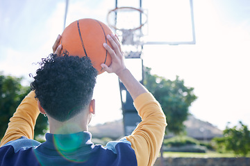 Image showing Man, basketball and shooting hoops for training, practice and workout on basketball court. Basketball player, athlete and sport with ball, aim and fitness for game, match or competition in Dallas