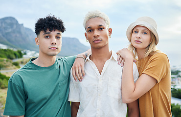 Image showing Fashion, friends and summer with a man and woman friend group standing outdoor in nature for diversity, inclusion or acceptance. Portrait, lifestyle and real with young people posing together outside