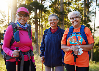 Image showing Senior women, portrait smile and hiking or trekking together on an adventure or journey in nature. Group of happy elderly woman hikers smiling in fitness, health and workout exercise in the outdoors