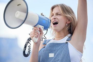 Image showing Woman protest leader, megaphone in hand and speech support for human rights, freedom and ending racism. Angry female, leadership and communication for gender equality, lgbtq issues and global justice