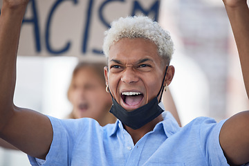 Image showing Justice protest during covid, racism and black man angry, crisis rally and fight for global equality, human rights or BLM. Students banner, poster and gen z crowd of people support Black Lives Matter