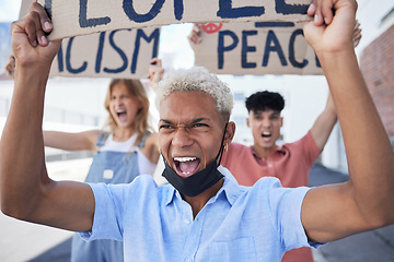 Image showing A youth protest for peace, freedom and people support the demand for global human rights. Angry teenage activists friends protesting for gender equality, climate change leadership and global justice