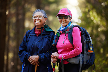 Image showing Portrait of senior hiking friends in nature for exercise, fitness or workout while trekking in woods, earth trees or Mexico forest. Retirement health, fun outdoor cardio or elderly people travel walk