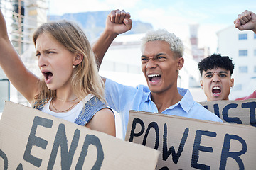 Image showing Human rights protest, men and woman rally together against power oppression with fist and poster, international fight against war, racism and violence or social LGBTQ equality politics