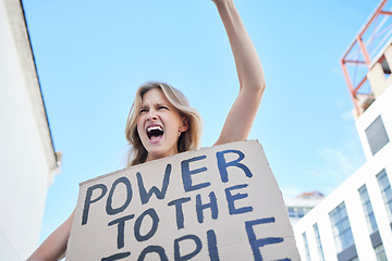 Image showing Power to the people, sign and woman protest human rights freedom, justice and democracy in city social rally. Feminist shout, empowerment poster and support equality, community and society revolution