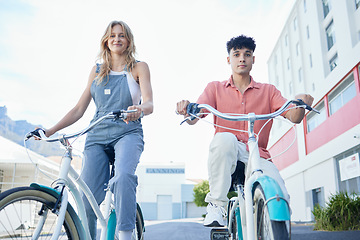 Image showing City travel, bicycle and couple friends portrait for outdoor summer, youth wellness lifestyle. gen z woman or people with bike cycling for carbon footprint, date or free time together in urban street