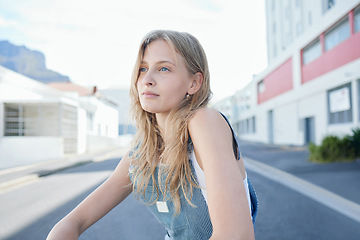 Image showing Thinking, vision and girl in the street in city, sitting on the road in trendy outfit. Creative, inspiration and ideas for future in young student on floor in urban town, innovation in youth mockup