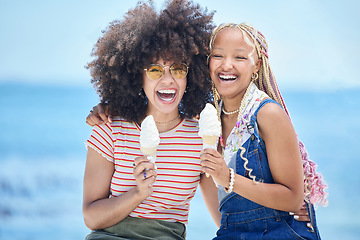 Image showing Ice cream, summer beach and women friends eating in Miami for holiday travel, vacation and outdoor youth lifestyle with sunshine. Happy, diversity and fashion teenager with icecream dessert in summer