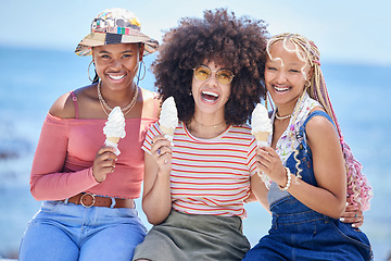 Image showing Friends, ice cream and smile at ocean to relax, vacation or holiday in summer. Black woman, happy and dessert on cone at ocean in sunshine together for nature, happiness and sun in Rio de Janeiro