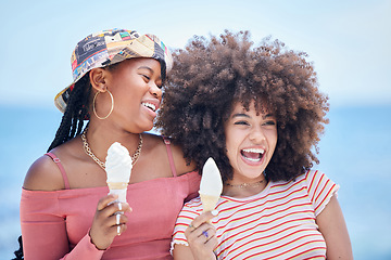 Image showing Friends, ice cream and happy at beach in summer for vacation, relax or holiday. Black woman, smile and cone for dessert at ocean together in sunshine for fun, happiness and break in Rio de Janeiro