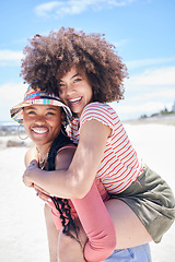 Image showing Piggyback, portrait and friends on holiday at the beach during travel in the Maldives together. Happy, relax and playful African women with smile during vacation by the ocean and sea in summer