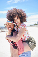 Image showing Girl friends, piggy back and women on the beach sand on vacation or summer holiday. Sunshine, ocean and a happy weekend in the sun, portrait of black woman and friend having fun at the sea together.