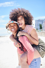 Image showing Friends, gay and lesbian with women happy on piggyback and fun at beach in summer. LGBTQ, dating and trust with happy female and her girlfriend on holiday, vacation or travel by the coast in summer