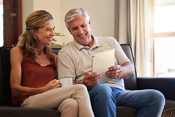 Image showing Home, digital tablet and senior couple with website information, video subscription service or surfing social media app on sofa together. Elderly people networking or online retirement house planning