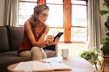 Image showing Budget, smartphone and senior woman with finance paper, mobile app or website information for retirement planning, tax or asset management. Elderly person using phone for financial tech on home sofa