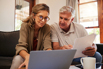 Image showing Retirement couple budget, finance and investment planning, loan and paper bills with laptop technology in home. Mature people money, cash savings or legal insurance document report on online bank