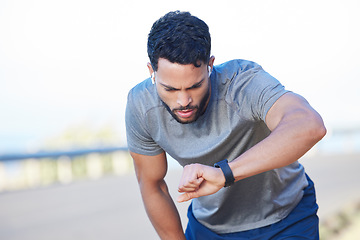 Image showing Tired runner, fitness training and man health check on smart watch. Sports athlete training, healthy lifestyle exercise motivation and tracking heartbeat, pulse and measuring speed outdoors