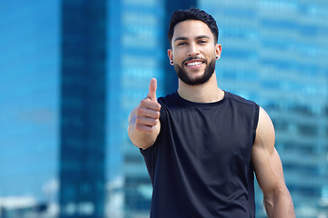 Image showing Man, thumbs up or fitness success in city workout, training or exercise for health, wellness and cardio. Portrait, smile and happy personal trainer or runner with thank you or motivation support hand