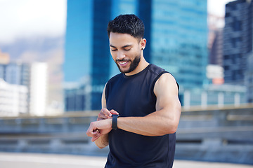 Image showing Fitness, happy man and smart watch time for marathon running, exercise workout and healthy urban city training. Sports runner monitor stopwatch, check steps in cardio progress and wellness motivation
